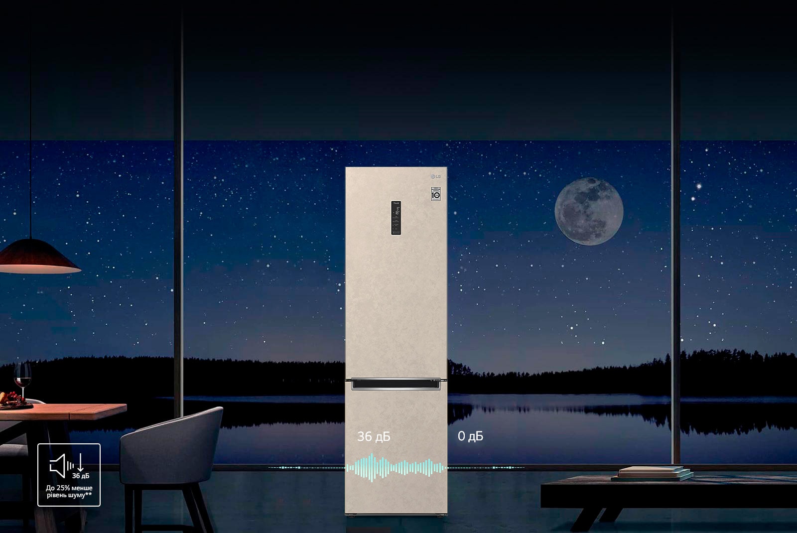 Холодильник, розташований поруч зі столом і стільцями, створюючи затишну зону в кухонній обстановці, також зображено знак більш низького рівня шуму.