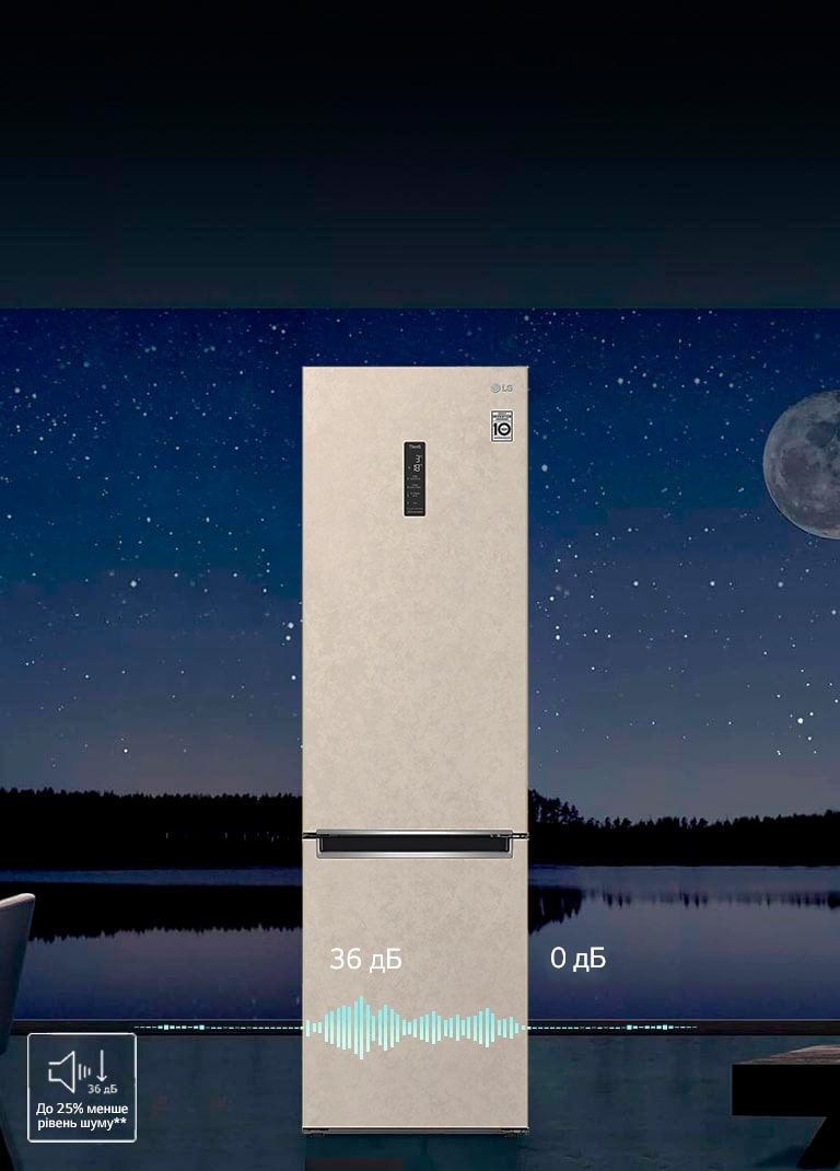 Холодильник, розташований поруч зі столом і стільцями, створюючи затишну зону в кухонній обстановці, також зображено знак більш низького рівня шуму.