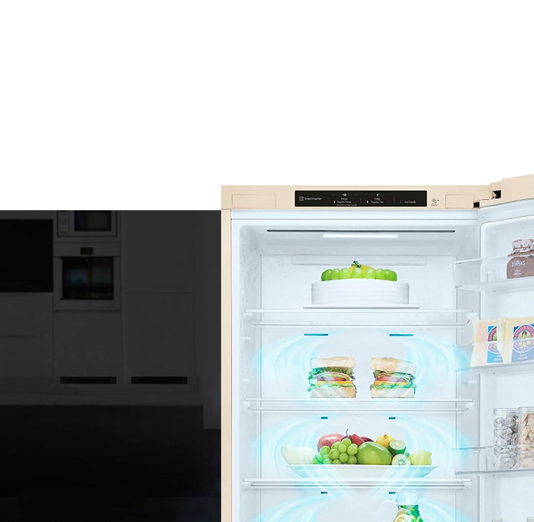 Показано відкритий холодильник, циркуляція блакитного повітря, яке розповсюджується по холодильнику і обдуває продукти в холодильнику.