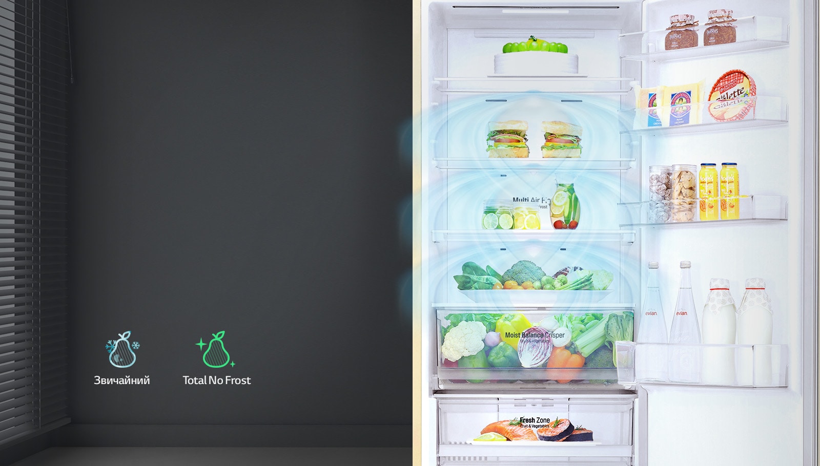 Показана циркуляція блакитного повітря, яке рівномірно розповсюджується по холодильнику і охолоджує продукти в холодильнику.