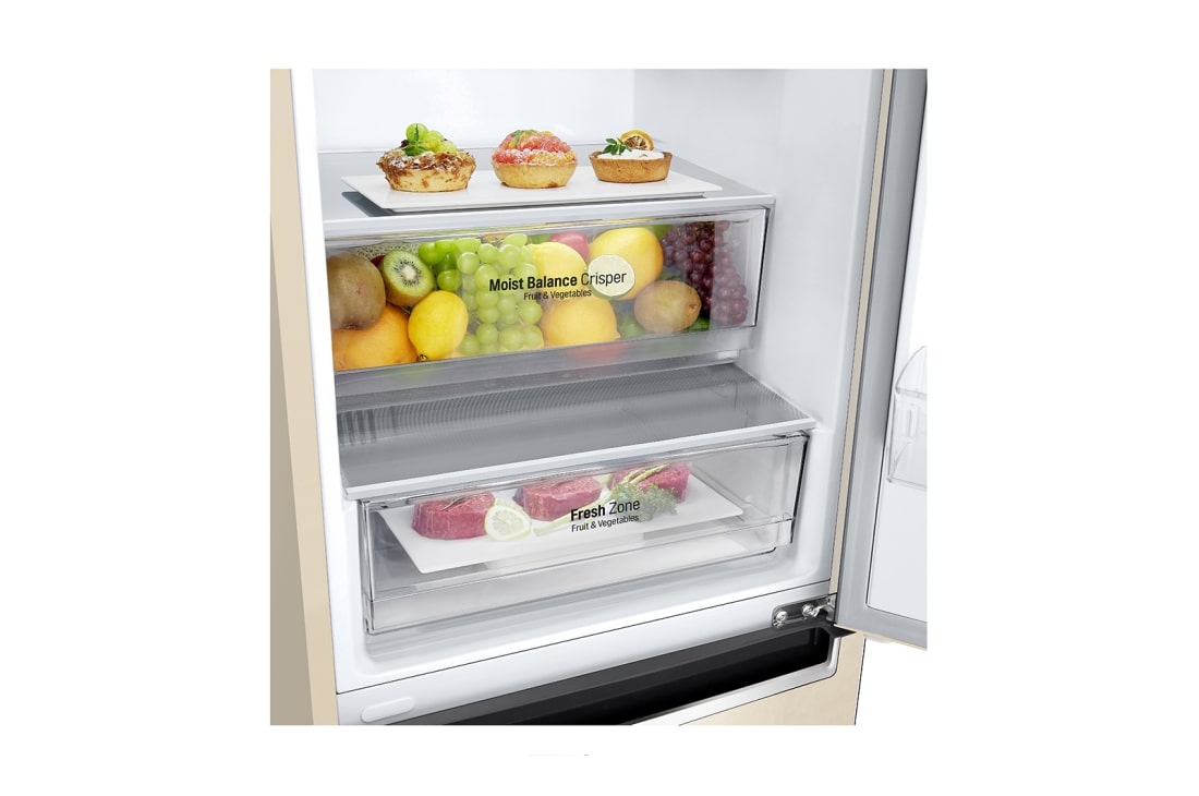 LG 384 л | Холодильник з нижньою морозильною камерою | DoorCooling+ | Інверторний компресор | Total No Frost , Висувний ящик з технологією Moist Balance Crisper, (заповнений продуктами), GC-B509MEWM, thumbnail 8
