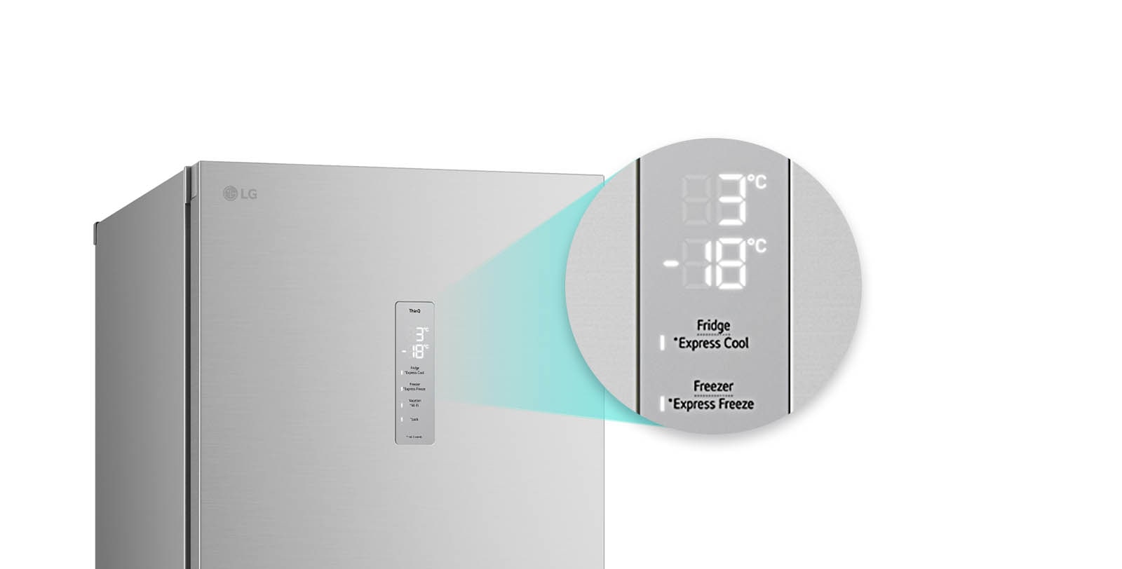 Збільшене зображення кнопки швидкого охолодження, розташованої у верхній частині холодильника.