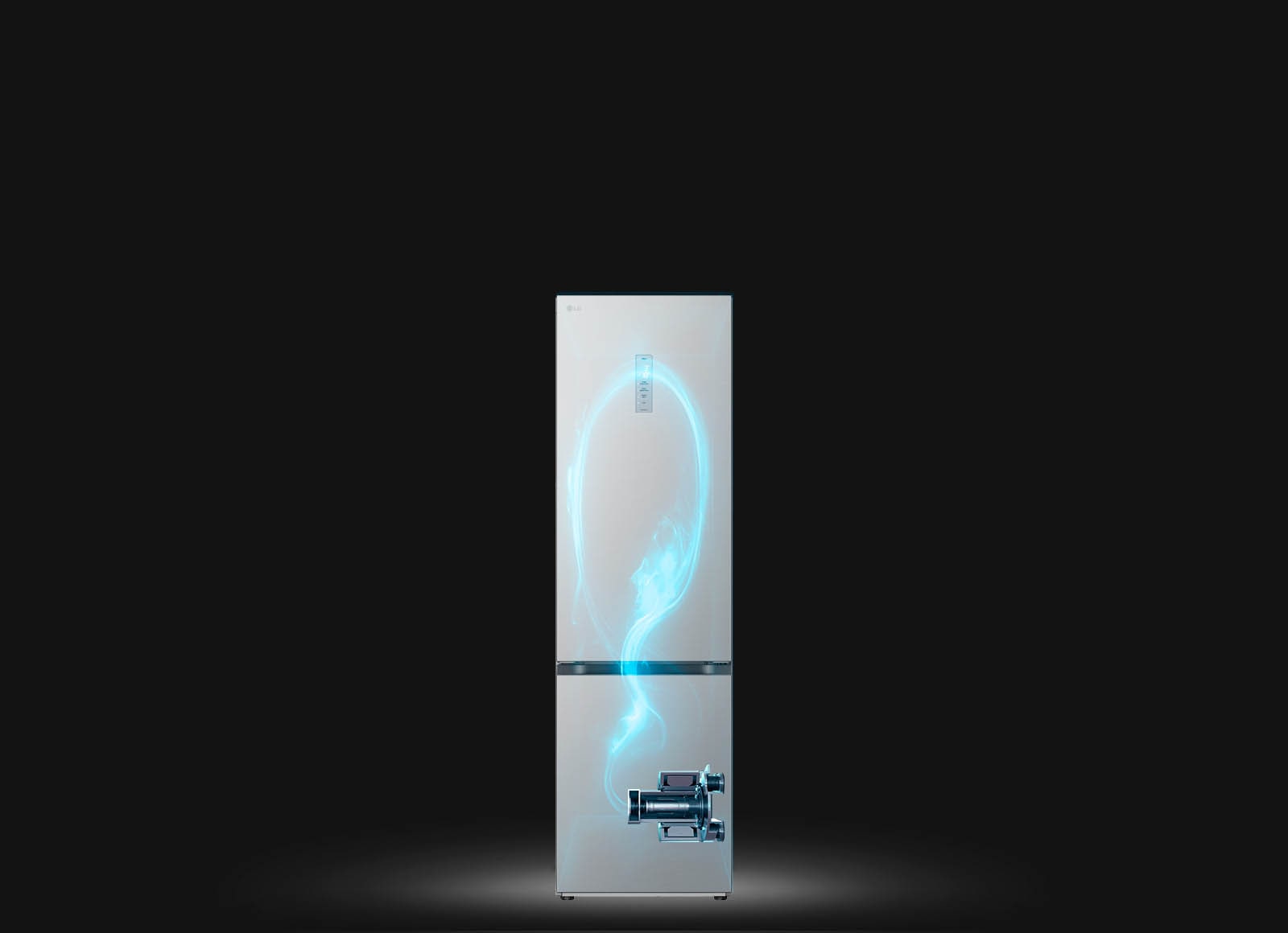 Показано затемнено холодильник та підсвічений синім кольором схематичний прохід холодоагента по ньому від компресора, розміщеного внизу праворуч.