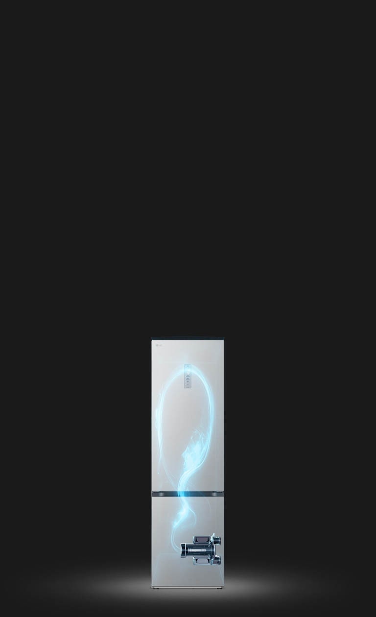 Показано затемнено холодильник та підсвічений синім кольором схематичний прохід холодоагента по ньому від компресора, розміщеного внизу праворуч.