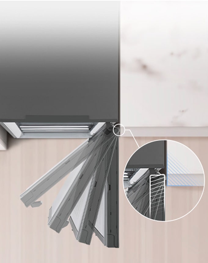 Вид згори донизу на холодильник, встановлений біля стіни з нульовим зазором дверної петлі.