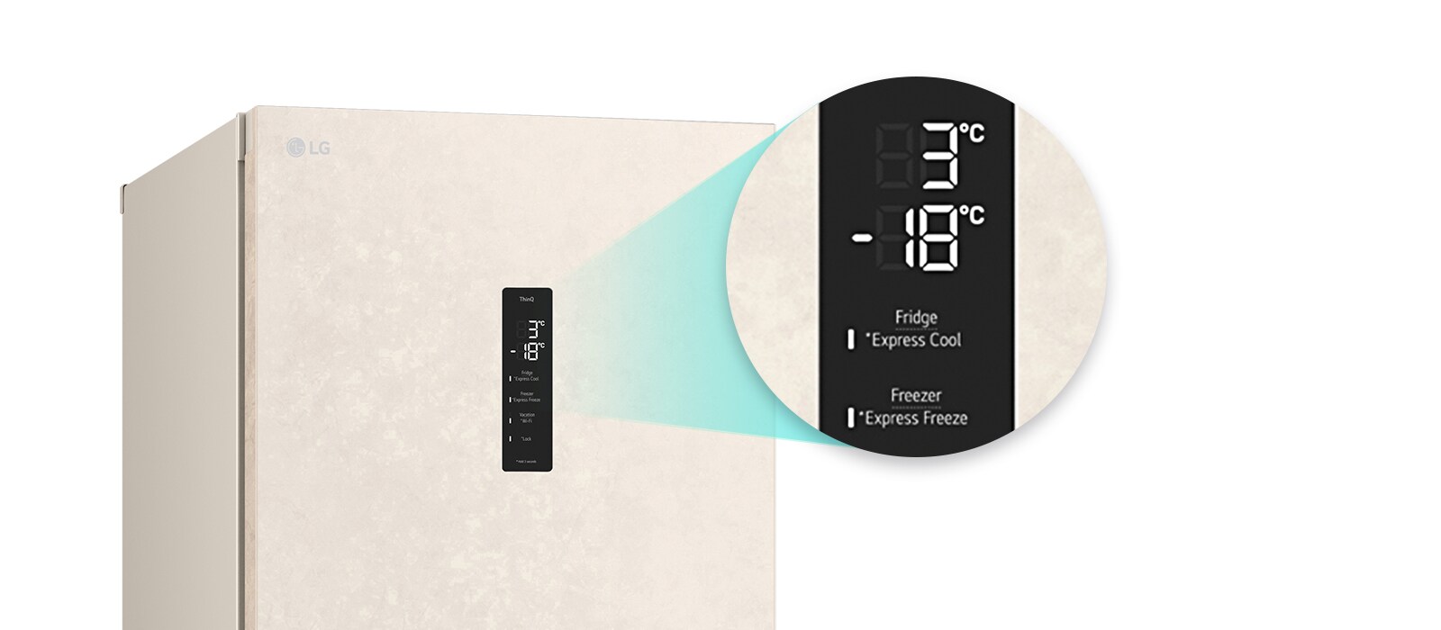 Збільшене зображення кнопки швидкого охолодження, розташованої у верхній частині холодильника.