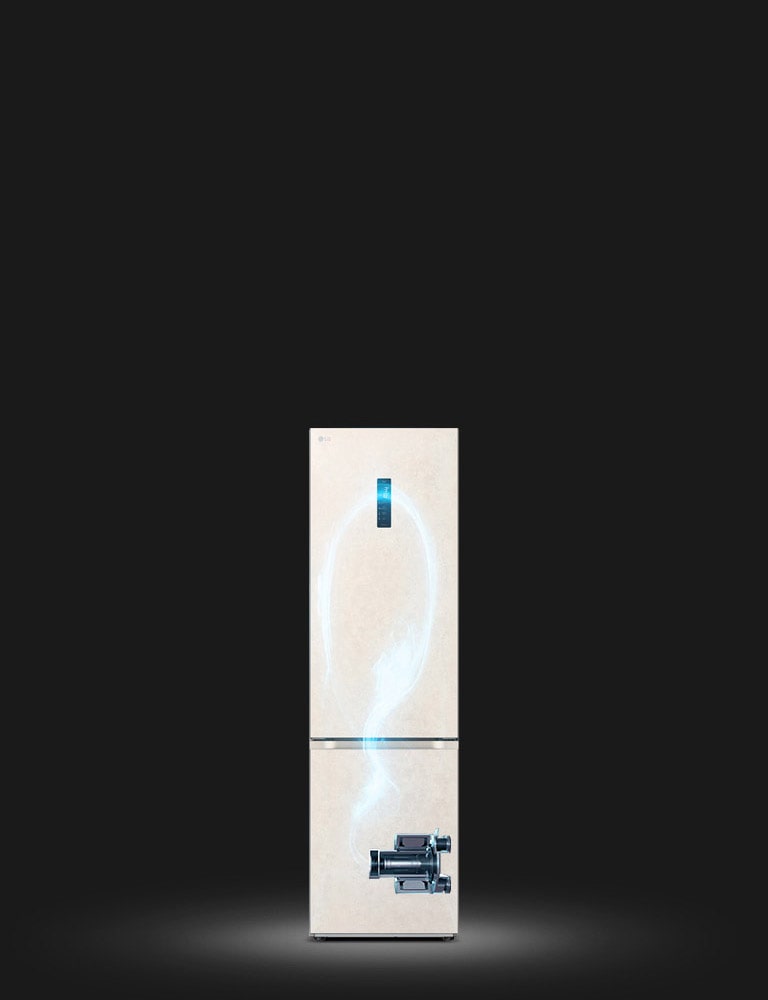 Показано затемнено холодильник та підсвічений синім кольором схематичний прохід холодоагента по ньому від компресора, розміщеного внизу праворуч.