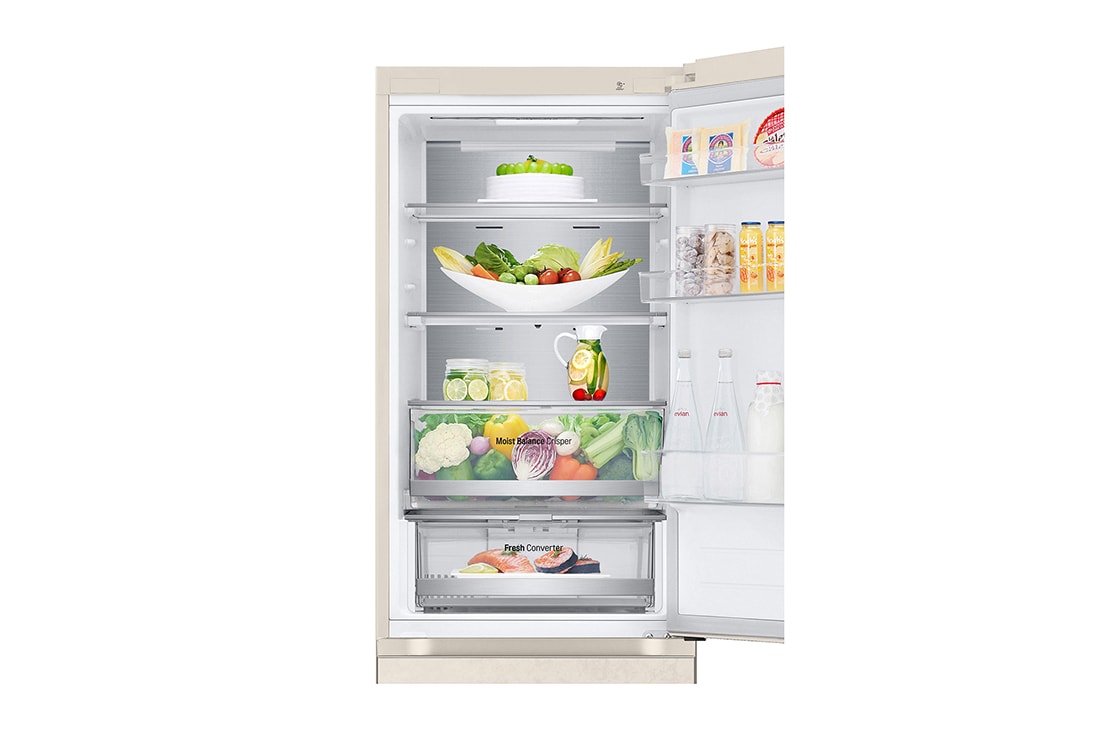 LG 344 л | Холодильник з нижньою морозильною камерою | DoorCooling+ | Інверторний компресор | Total No Frost, Вид спереду, двері холодильника відкриті (з їжею), GC-B459FEPW, thumbnail 7