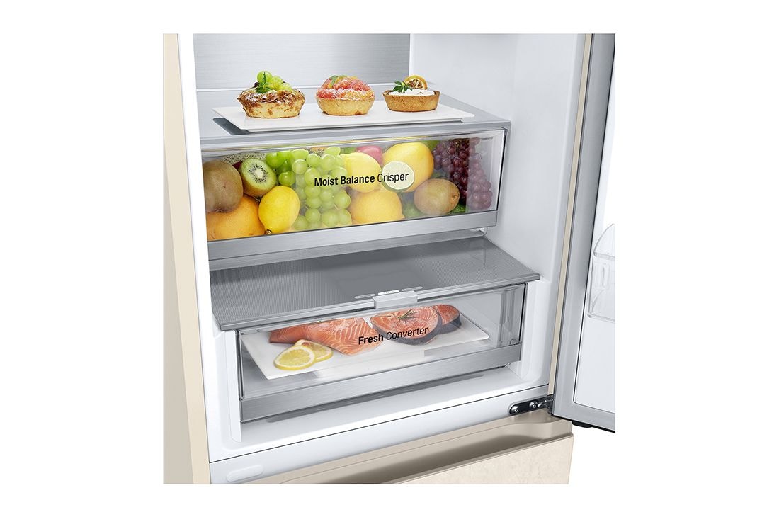 LG 344 л | Холодильник з нижньою морозильною камерою | DoorCooling+ | Інверторний компресор | Total No Frost, Вид зліва на висувні ящики, зони свіжості, GC-B459FEPW, thumbnail 9