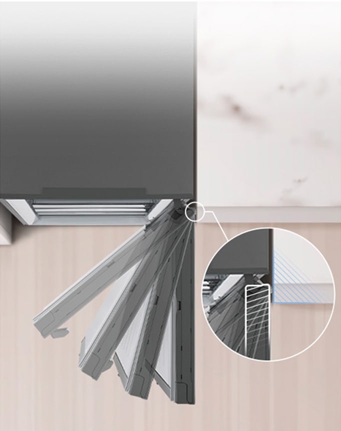 Вид згори донизу на холодильник, встановлений біля стіни з нульовим зазором дверної петлі.