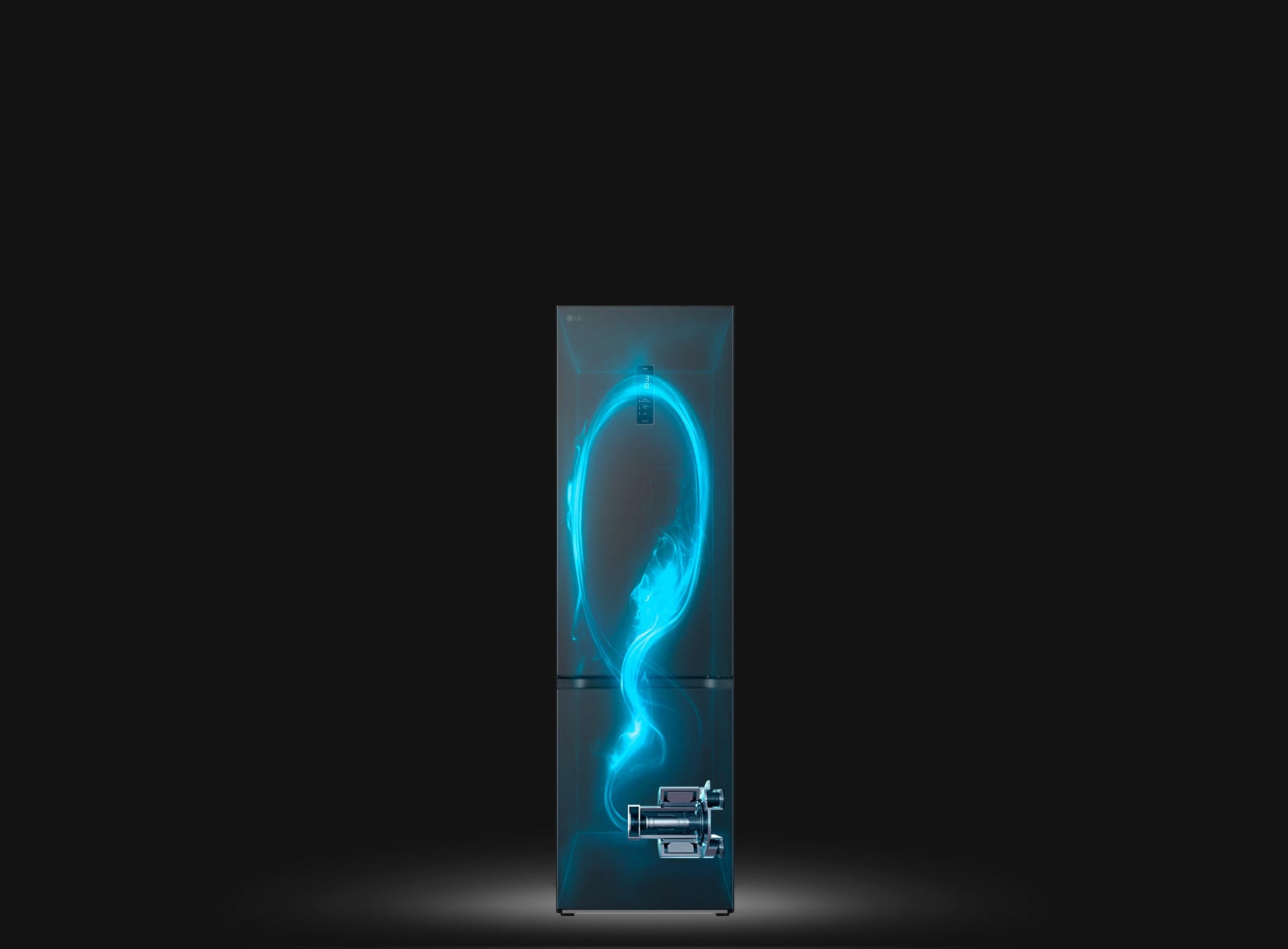 Показано затемнено холодильник та підсвічений синім кольором схематичний прохід холодоагента по ньому від компресора, розміщеного внизу праворуч.