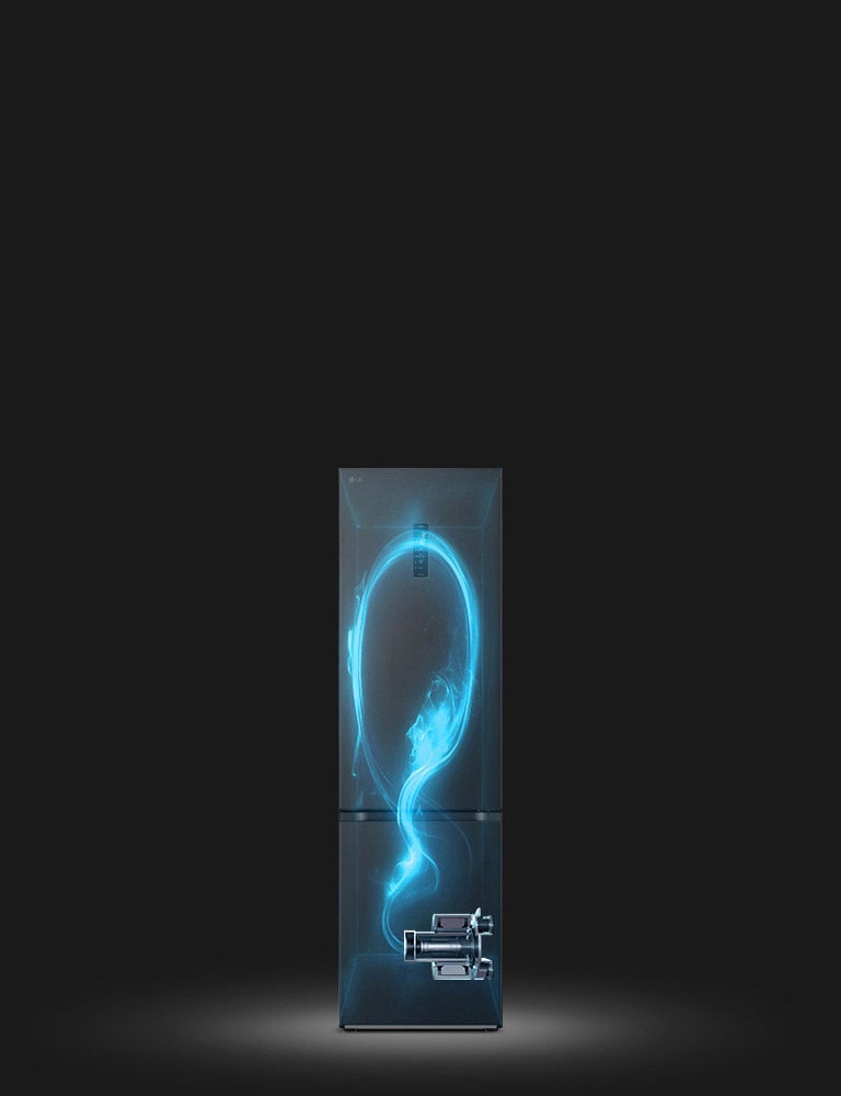 Показано затемнено холодильник та підсвічений синім кольором схематичний прохід холодоагента по ньому від компресора, розміщеного внизу праворуч.