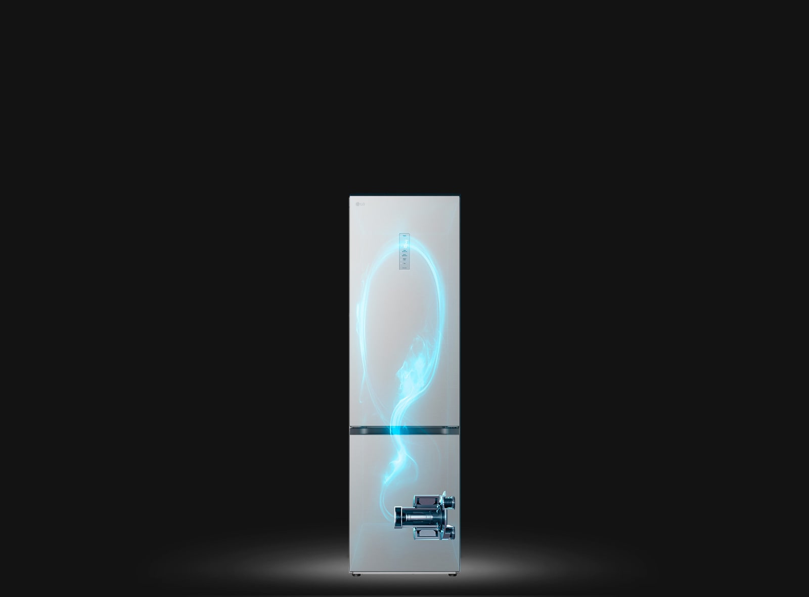 Показано затемнено холодильник та підсвічений синім кольором схематичний прохід холодоагента по ньому від компресора, розміщеного внизу праворуч.