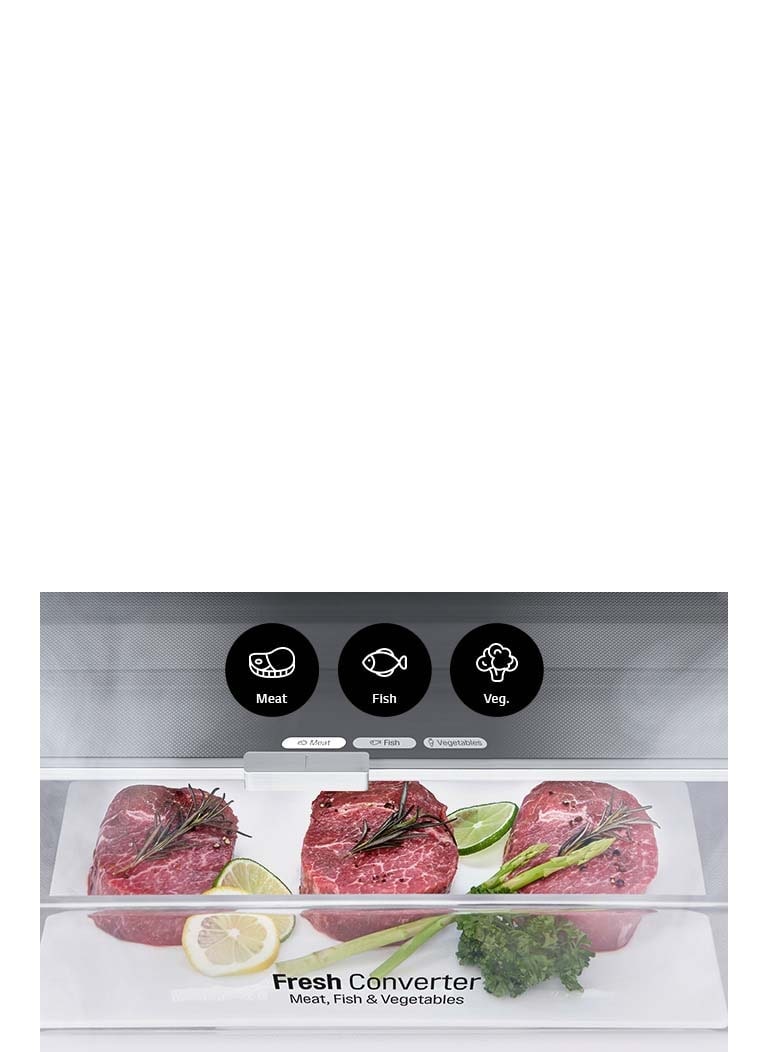 На передньому плані Fresh Converter, відсік наповнений м'ясом, перемикач встановлено на позначку м'ясо.