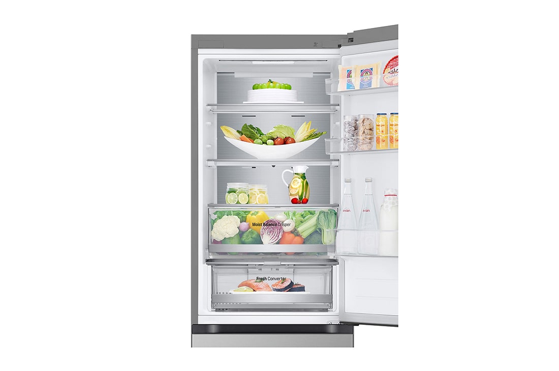 LG 344 л | Холодильник з нижньою морозильною камерою | DoorCooling+ | Інверторний компресор | Total No Frost, Вид спереду, двері холодильника відкриті (з їжею), двері морозильника закриті, GC-B459FNPW, thumbnail 6