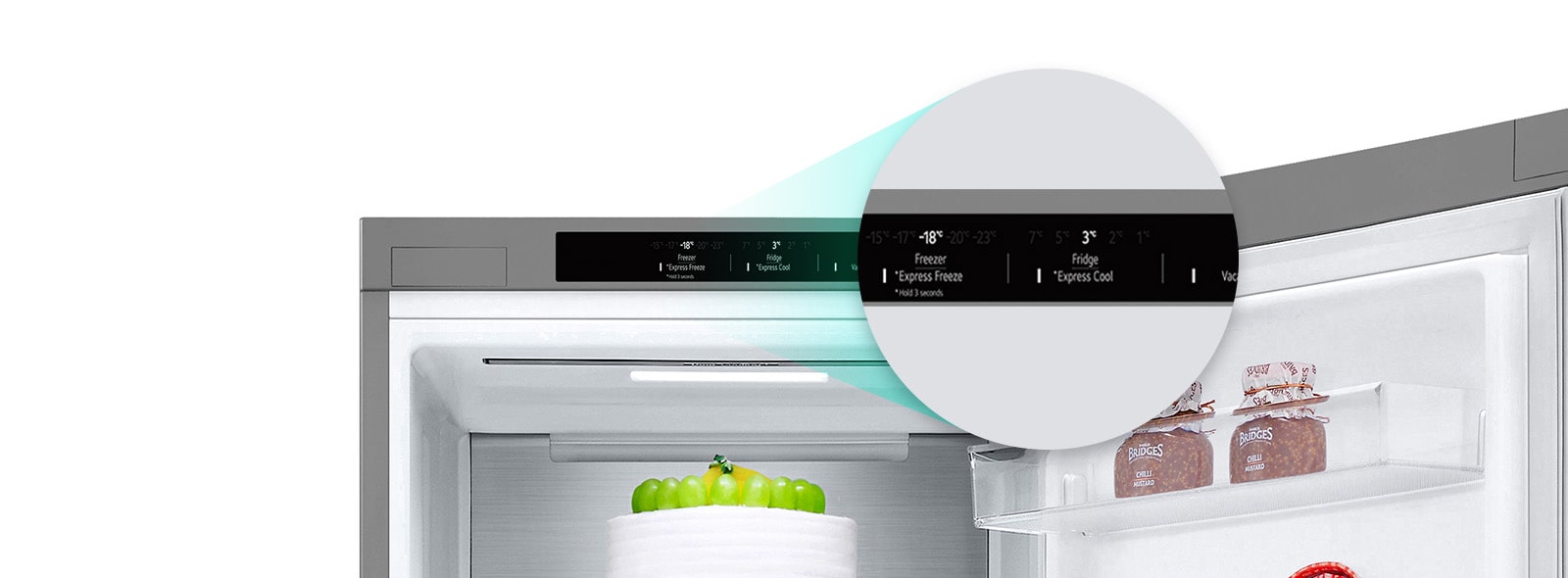 Збільшене зображення кнопки швидкого охолодження, розташованої у верхній частині холодильника.