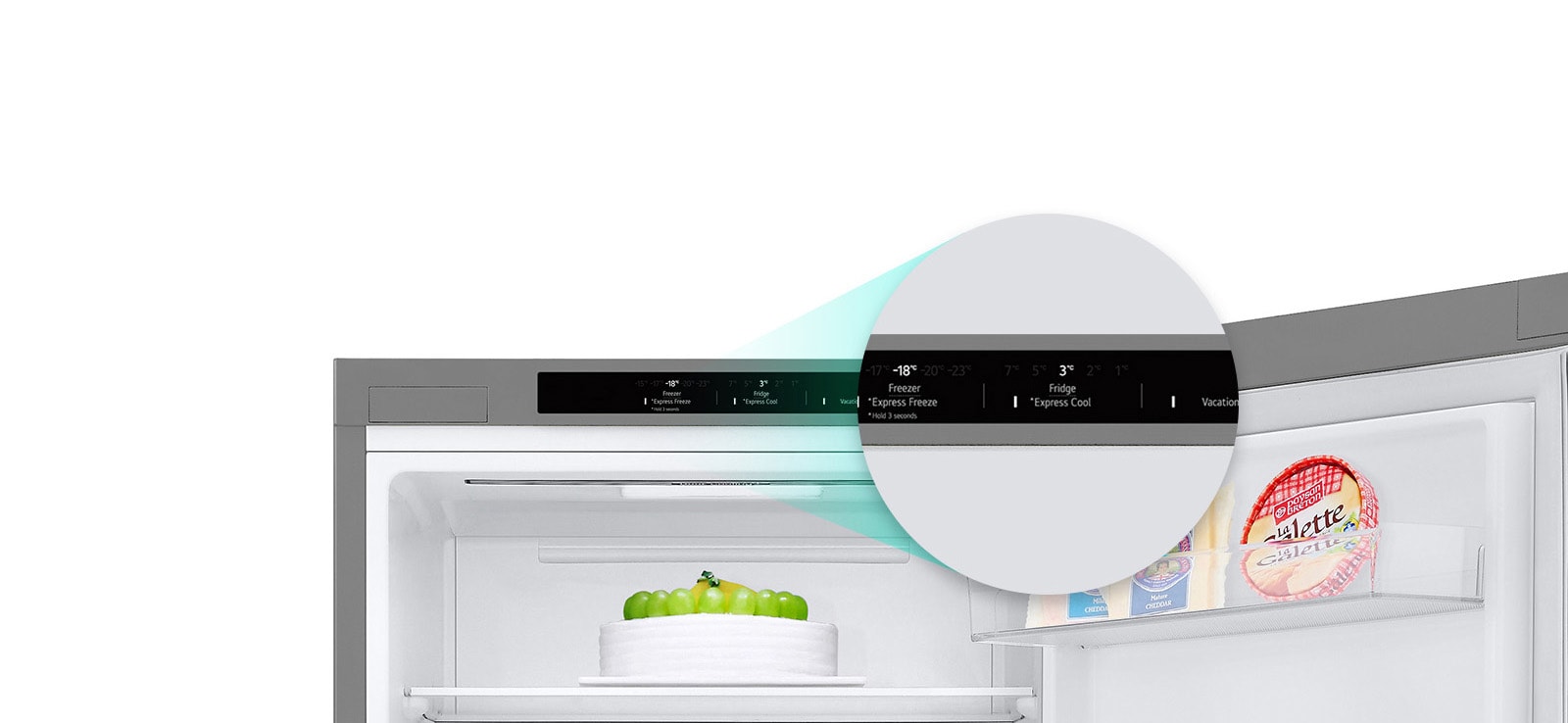 Збільшене зображення кнопки швидкого охолодження, розташованої у верхній частині холодильника.