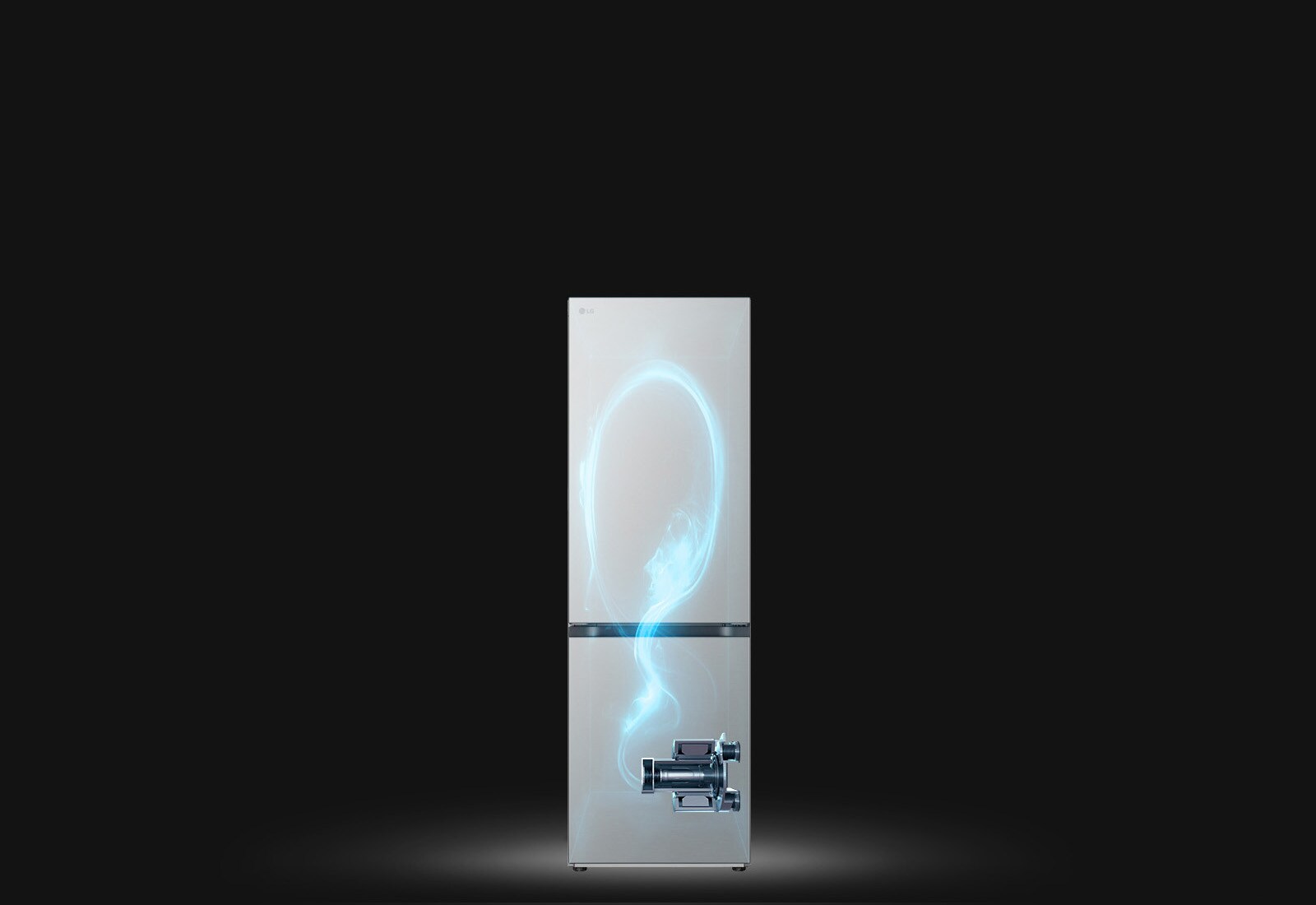 Показано затемнено холодильник та підсвічений синім кольором схематичний прохід холодоагента по ньому від компресора, розміщеного внизу праворуч.