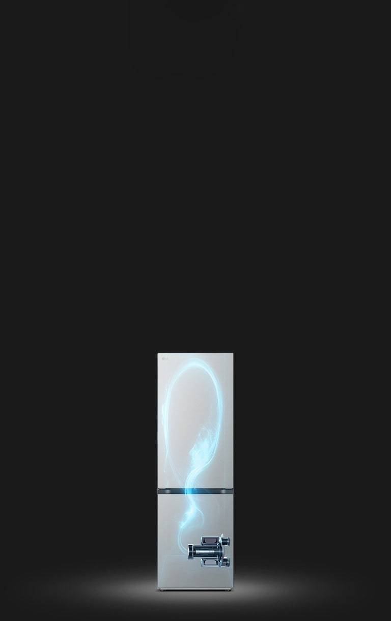 Показано затемнено холодильник та підсвічений синім кольором схематичний прохід холодоагента по ньому від компресора, розміщеного внизу праворуч.