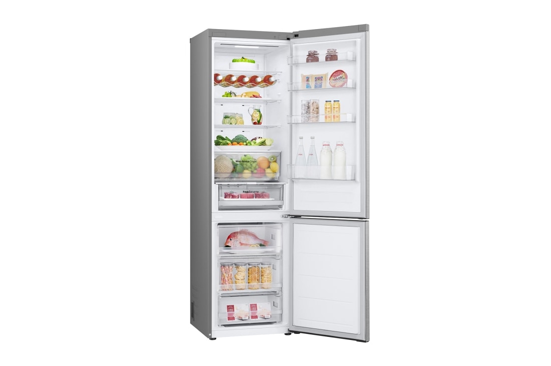 LG 384 л | Холодильник з нижньою морозильною камерою | DoorCooling+ | Fresh Converter | ThinQ , Вид зліва, двері холодильника відкриті (з їжею), GW-B509FAFW, thumbnail 10