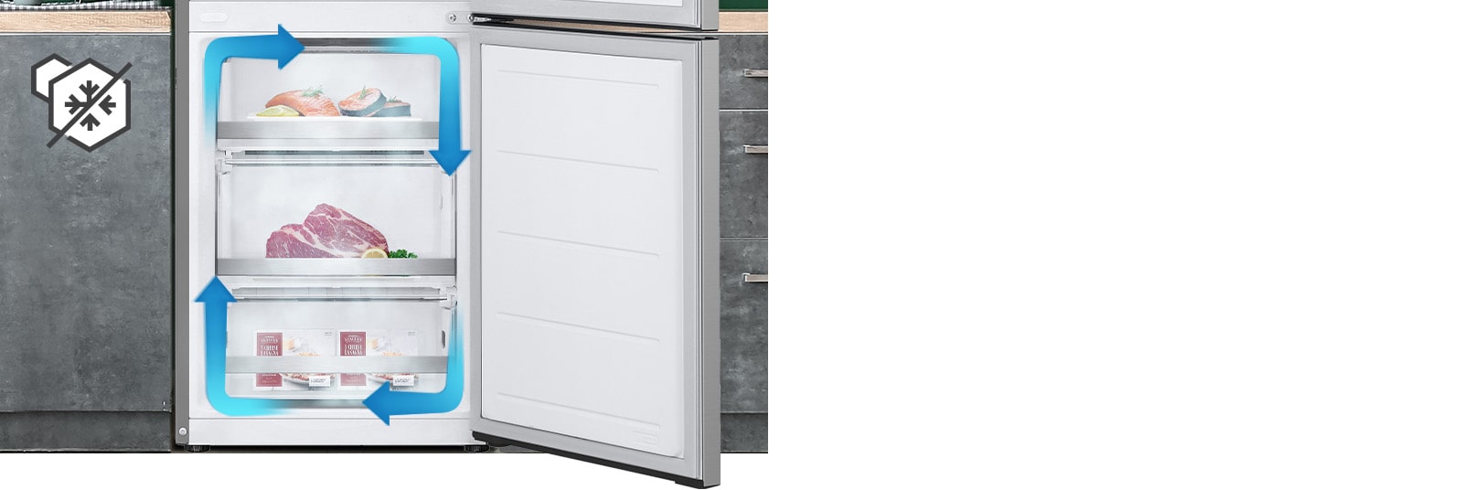 Морозильна камера No-Frost із рівномірним охолодженням і циркуляцією холодного повітря допомагає зберігати продукти свіжими в будь-якому куточку вашого холодильника.