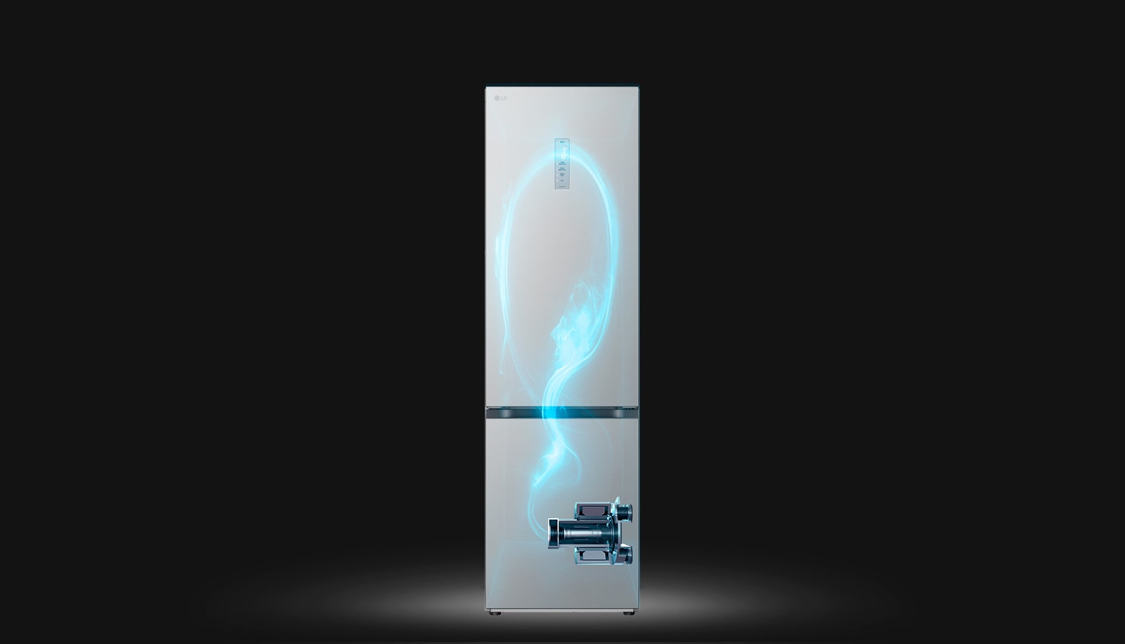 Показано затемнено холодильник та підсвічений синім кольором схематичний прохід холодоагента по ньому від компресора, розміщеного внизу праворуч.