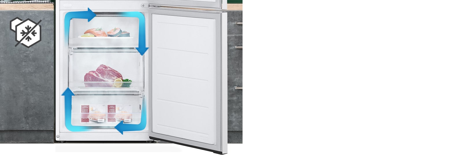 Морозильна камера No-Frost із рівномірним охолодженням і циркуляцією холодного повітря допомагає зберігати продукти свіжими в будь-якому куточку вашого холодильника.