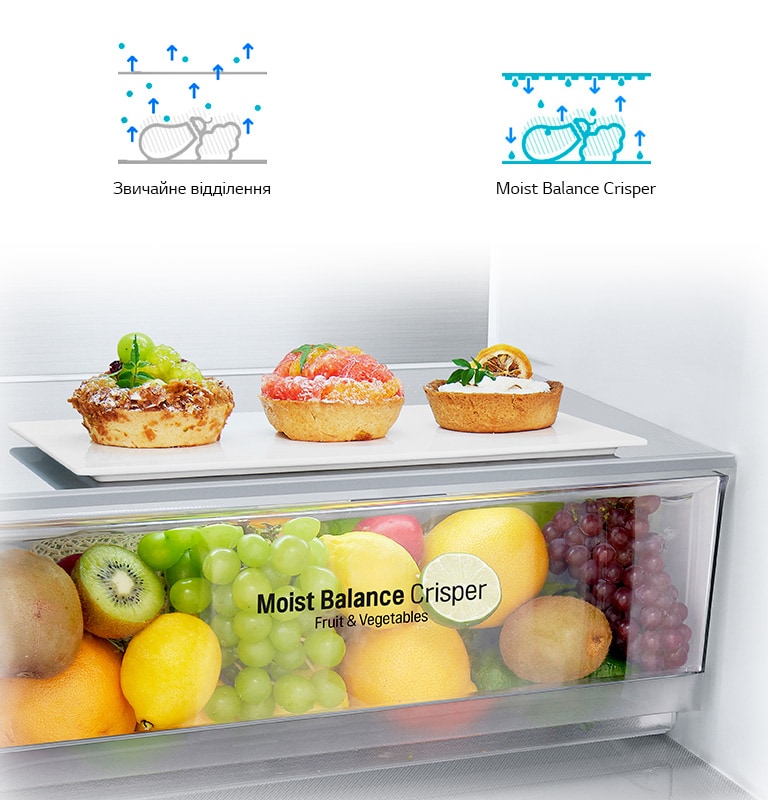 Крупним планом зображено відсік, наповнений різними фруктами, перемикач встановлено на належну вологість для фруктів і овочів.