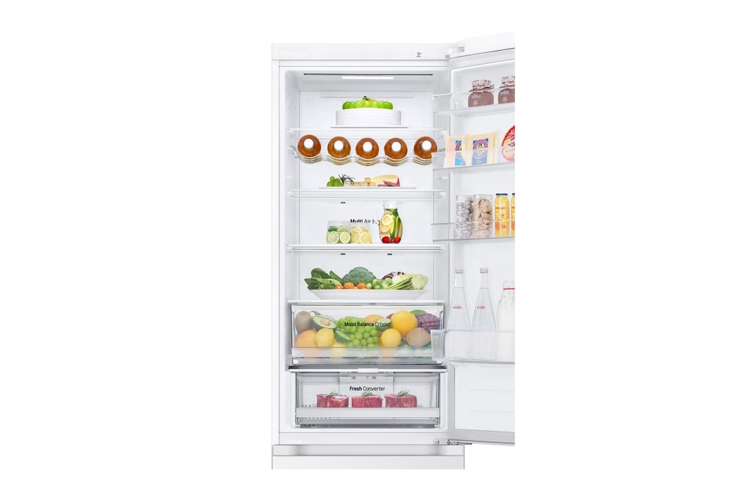 LG 384 л | Холодильник з нижньою морозильною камерою | DoorCooling+ | Fresh Converter | ThinQ , Вид спереду, двері холодильника відкриті (з їжею), GW-B509FVFW, thumbnail 7