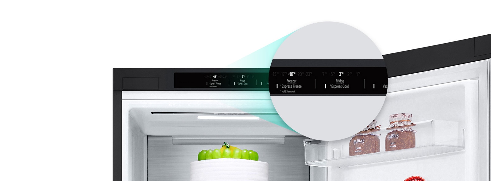 Збільшене зображення кнопки швидкого охолодження, розташованої у верхній частині холодильника.