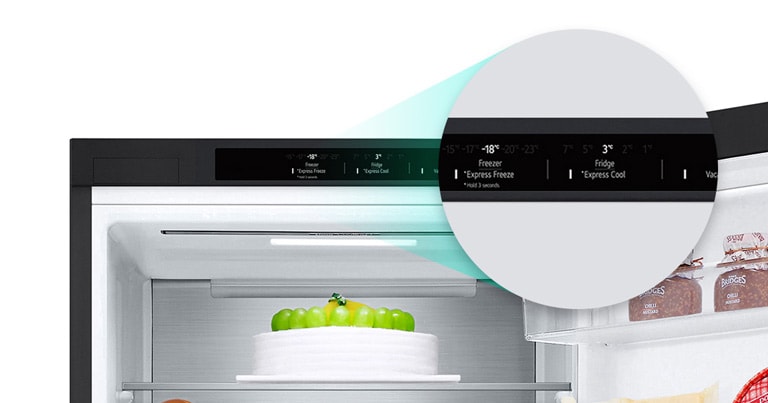 Збільшене зображення кнопки швидкого охолодження, розташованої у верхній частині холодильника.