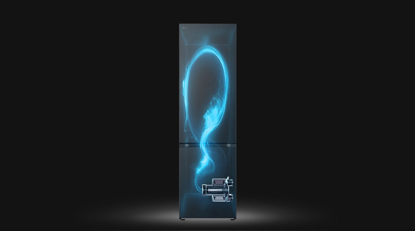 Показано затемнено холодильник та підсвічений синім кольором схематичний прохід холодоагента по ньому від компресора, розміщеного внизу праворуч.