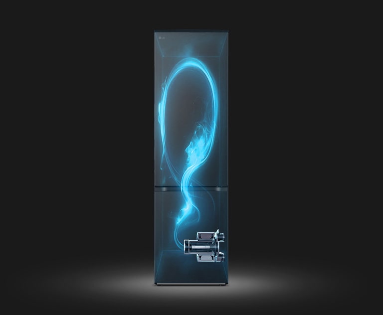 Показано затемнено холодильник та підсвічений синім кольором схематичний прохід холодоагента по ньому від компресора, розміщеного внизу праворуч.