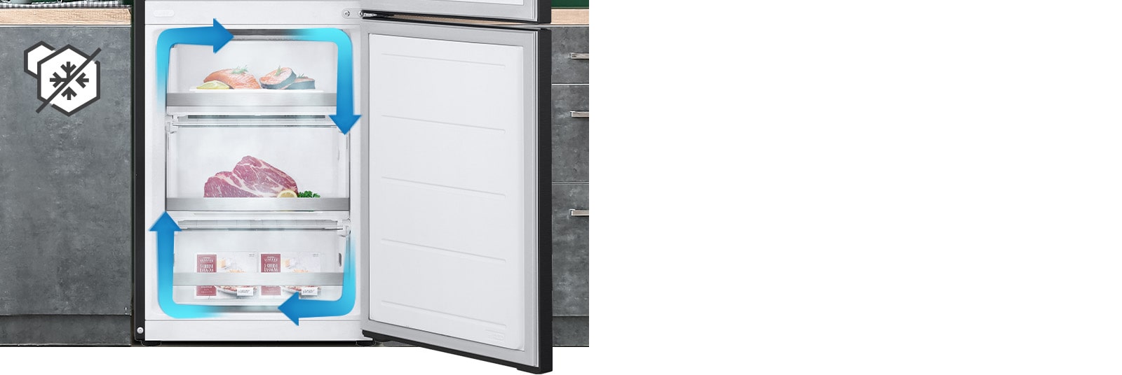 Морозильна камера No-Frost із рівномірним охолодженням і циркуляцією холодного повітря допомагає зберігати продукти свіжими в будь-якому куточку вашого холодильника.