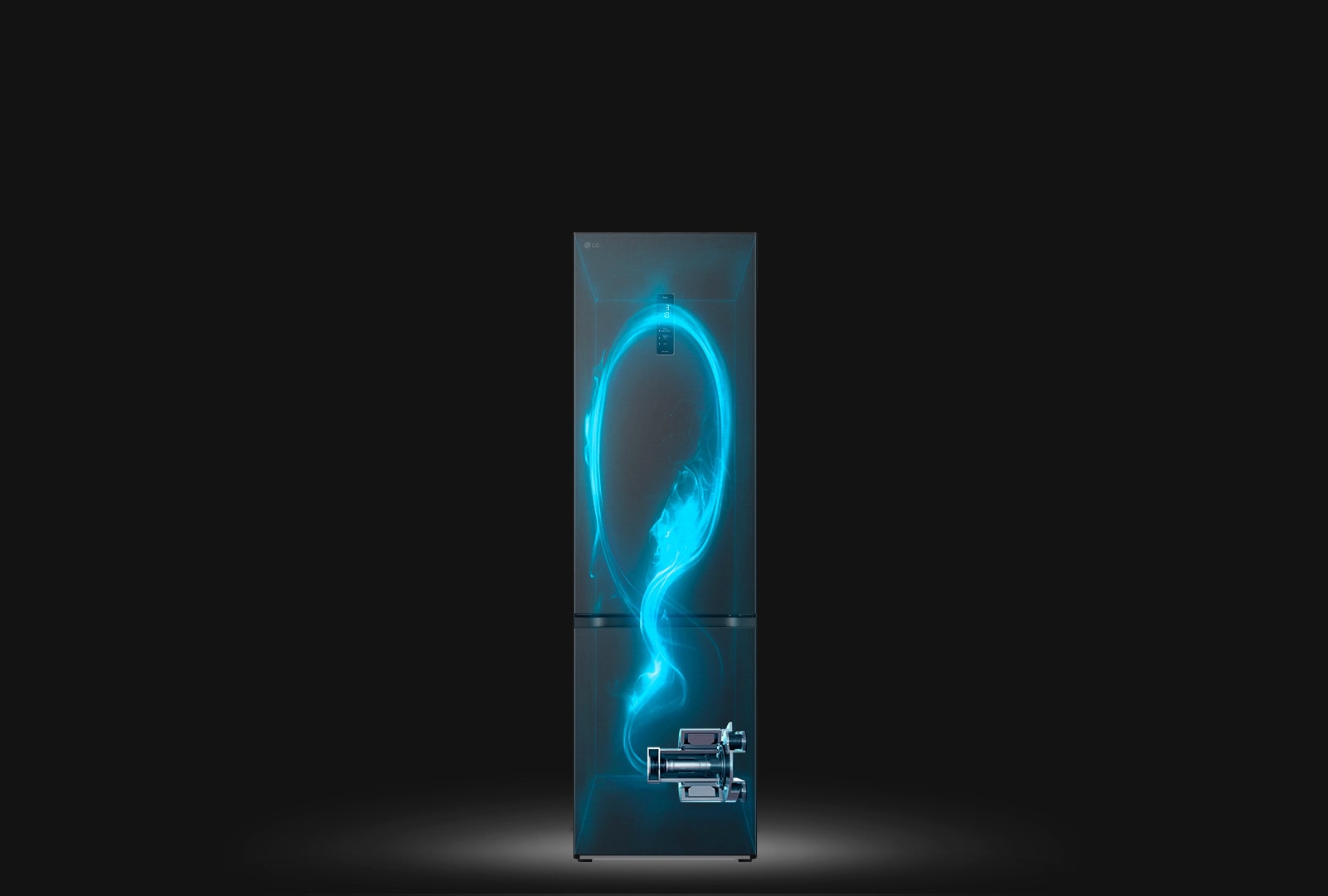 Показано затемнено холодильник та підсвічений синім кольором схематичний прохід холодоагента по ньому від компресора, розміщеного внизу праворуч.