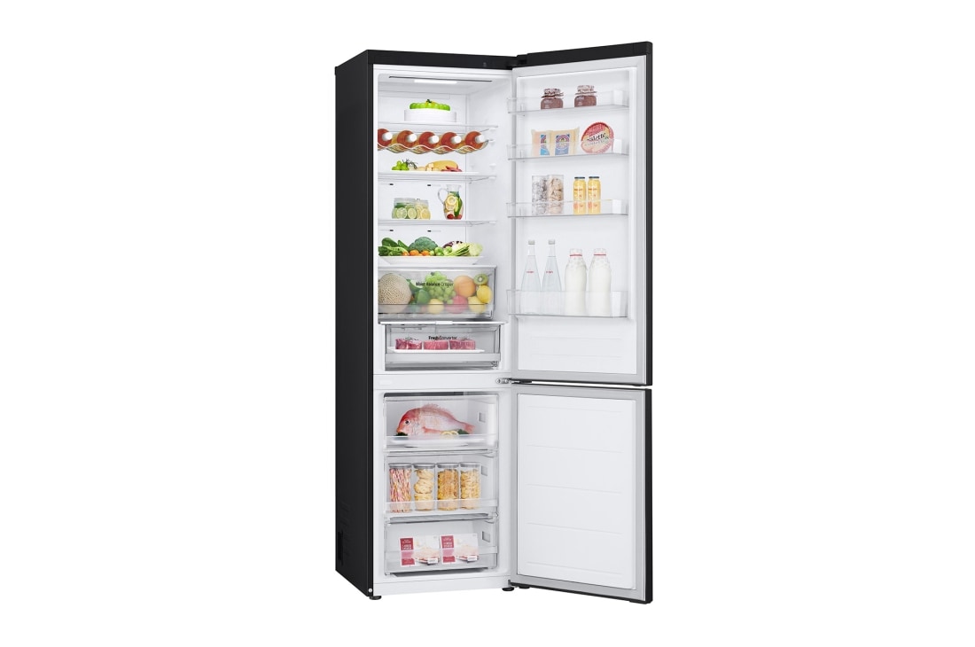 LG 384 л | Холодильник з нижньою морозильною камерою | DoorCooling+ | Fresh Converter | ThinQ, Вид зліва, двері холодильника відкриті (з їжею), GW-B509FXFW, thumbnail 10
