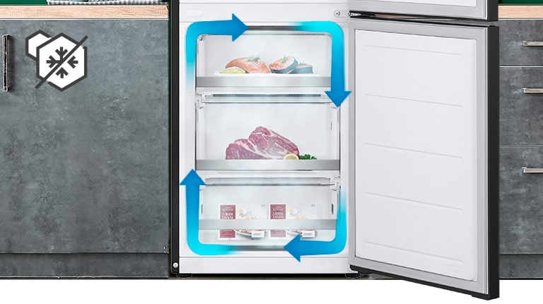 Морозильна камера No-Frost із рівномірним охолодженням і циркуляцією холодного повітря допомагає зберігати продукти свіжими в будь-якому куточку вашого холодильника.
