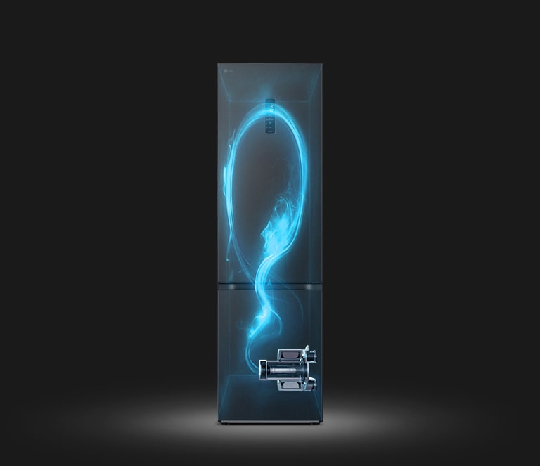 Показано затемнено холодильник та підсвічений синім кольором схематичний прохід холодоагента по ньому від компресора, розміщеного внизу праворуч.