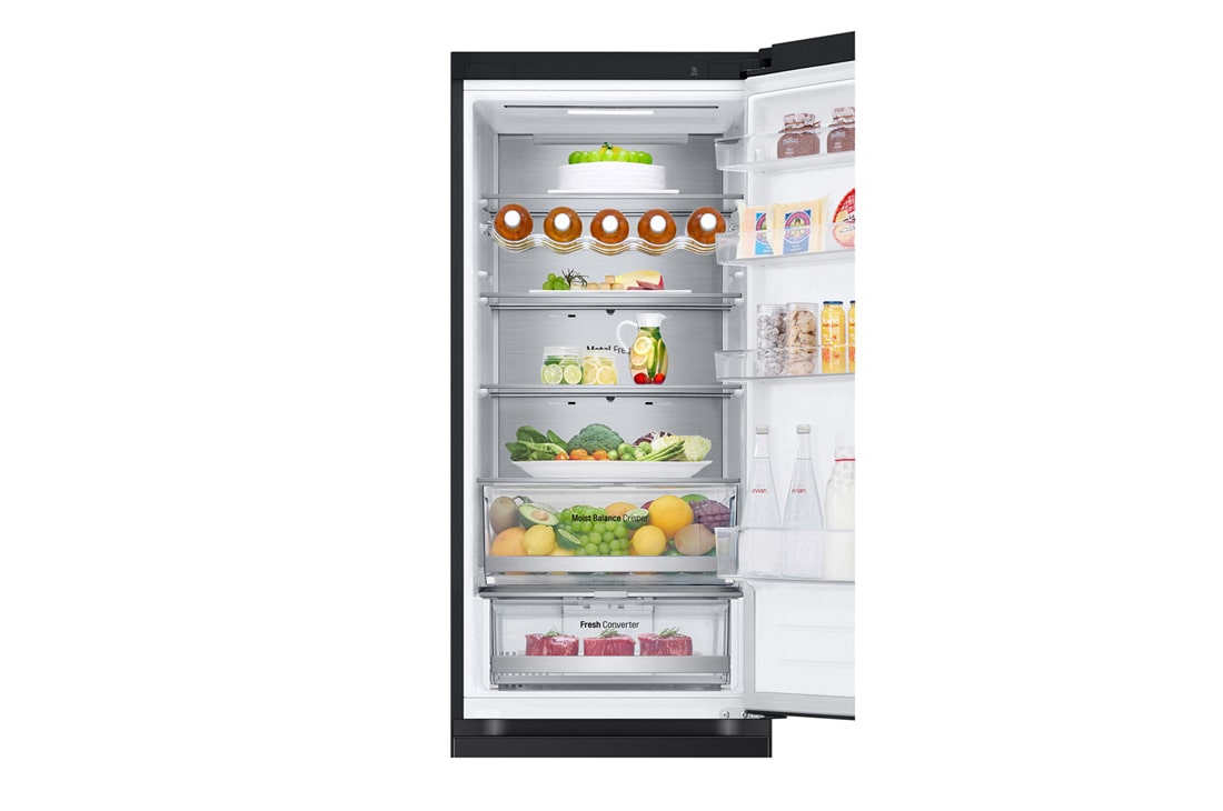 LG 384 л | Холодильник з нижньою морозильною камерою | DoorCooling+| Fresh Balancer | Fresh Converter |ThinQ, Вид спереду, двері холодильника відкриті (з їжею), GW-B509FXUW, thumbnail 7