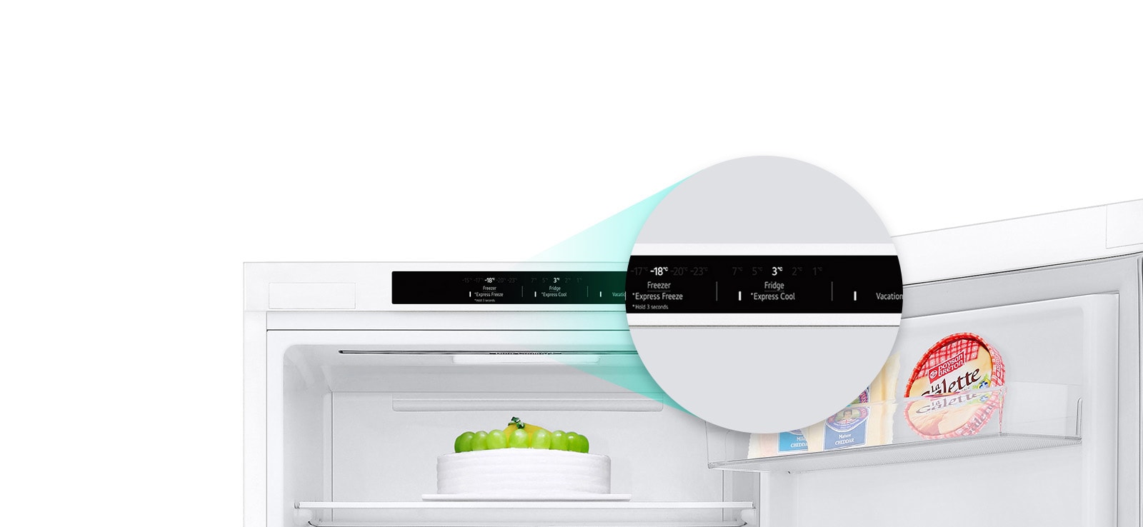 Збільшене зображення кнопки швидкого охолодження, розташованої у верхній частині холодильника.