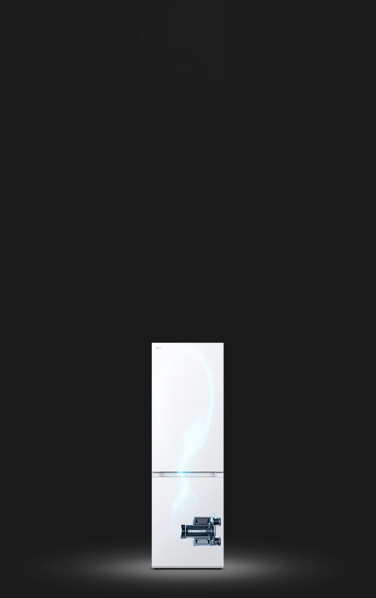 Показано затемнено холодильник та підсвічений синім кольором схематичний прохід холодоагента по ньому від компресора, розміщеного внизу праворуч.