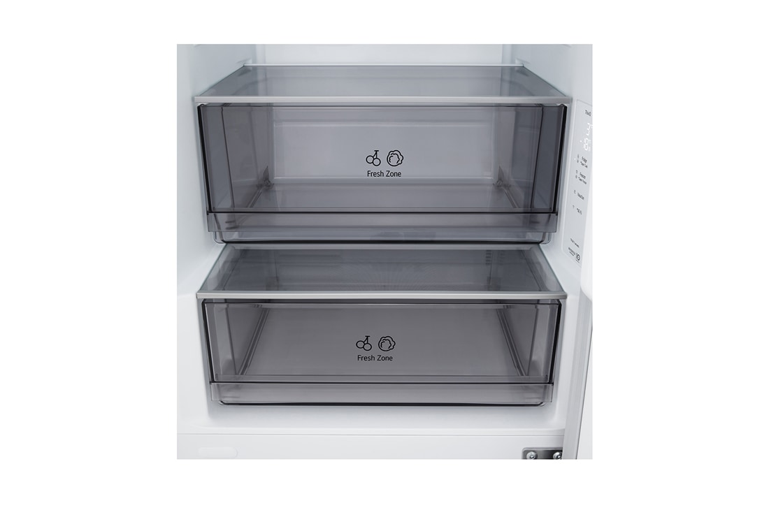 LG 333 л | Холодильник з нижньою морозильною камерою | DoorCooling+ | Інверторний компресор | Total No Frost, Вид спереду, двері холодильника відкриті (з їжею), двері морозильника закриті, GC-B459EQYM, thumbnail 6