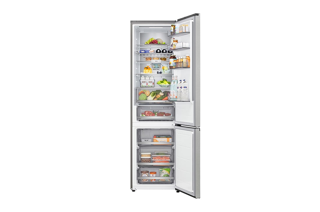 LG 375 л | Холодильник з нижньою морозильною камерою | DoorCooling+ | FRESHBalancer™ | LG ThinQ, Вид спереду, усі двері холодильника відкриті (з їжею), GC-B509EMKM, thumbnail 2