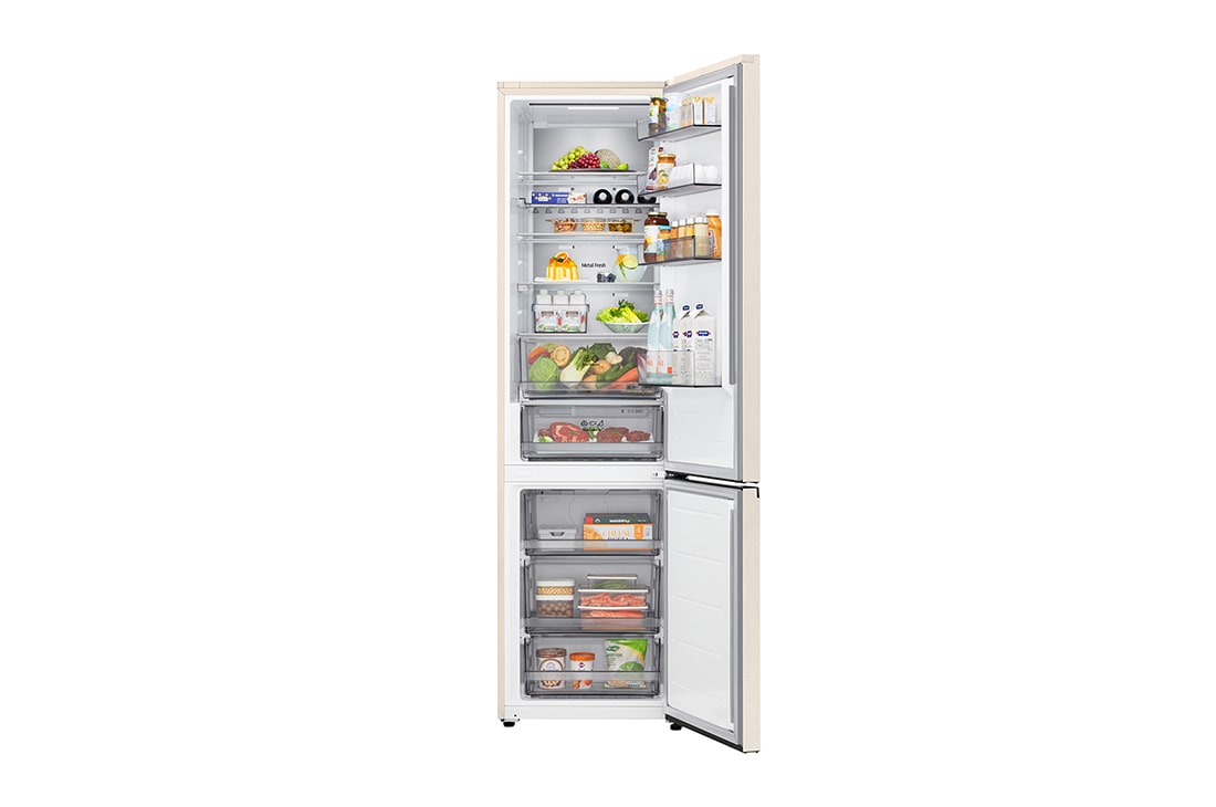LG 375 л | Холодильник з нижньою морозильною камерою | DoorCooling+ | FRESHBalancer™ | LG ThinQ, Вид спереду, усі двері холодильника відкриті (з їжею), GC-B509EESM, thumbnail 2