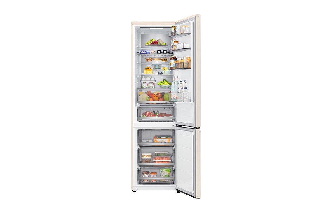LG 375 л | Холодильник з нижньою морозильною камерою | DoorCooling+ | FRESHBalancer™ | LG ThinQ, Вид спереду, усі двері холодильника відкриті (з їжею), GC-B509EEKM, thumbnail 2