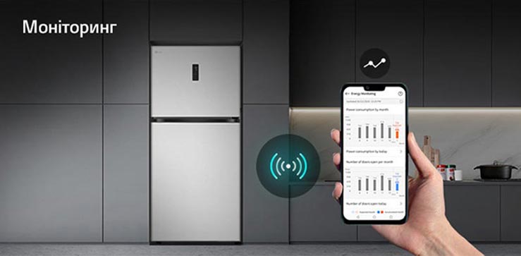 Холодильник LG із верхньою морозильною камерою на кухні, поруч крупний план телефону, на якому відображається статистика використання, надана додатком LG ThinQ.