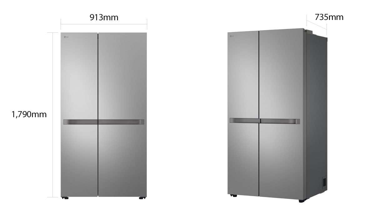 Ліворуч зображено холодильник спереду, а праворуч - з лівої сторони. Також над і поруч з ними зображені схематичні лінії та вказані габарити в мм.