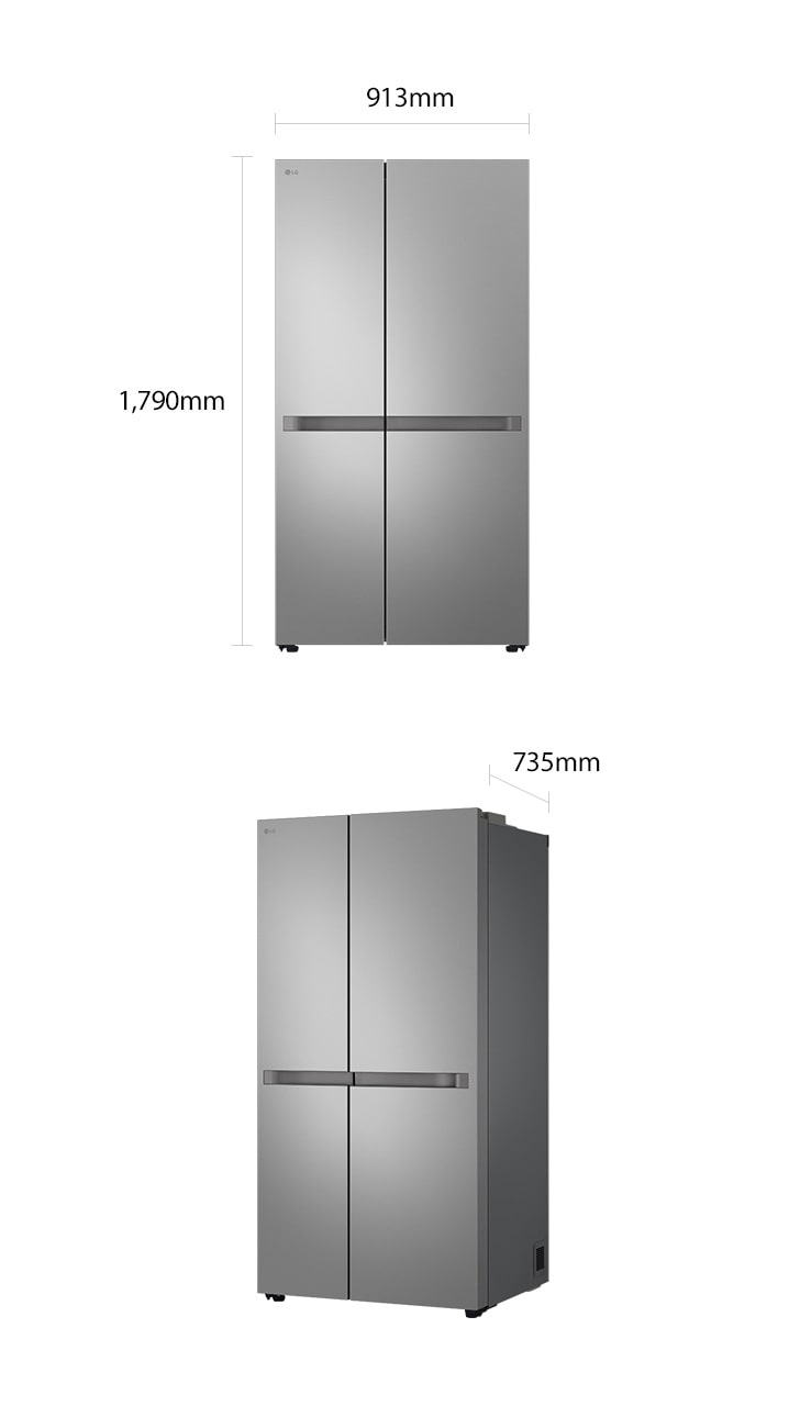 Ліворуч зображено холодильник спереду, а праворуч - з лівої сторони. Також над і поруч з ними зображені схематичні лінії та вказані габарити в мм.