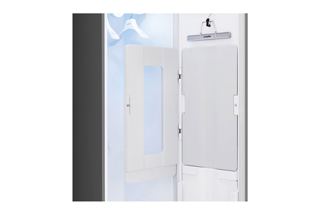 LG Парова система догляду за одягом LG Styler | TrueSteam™ | 3 речей + 1 брюки, Крупний план під кутом ліворуч на відкритий прес для штанів без одягу., S3MFC, thumbnail 11