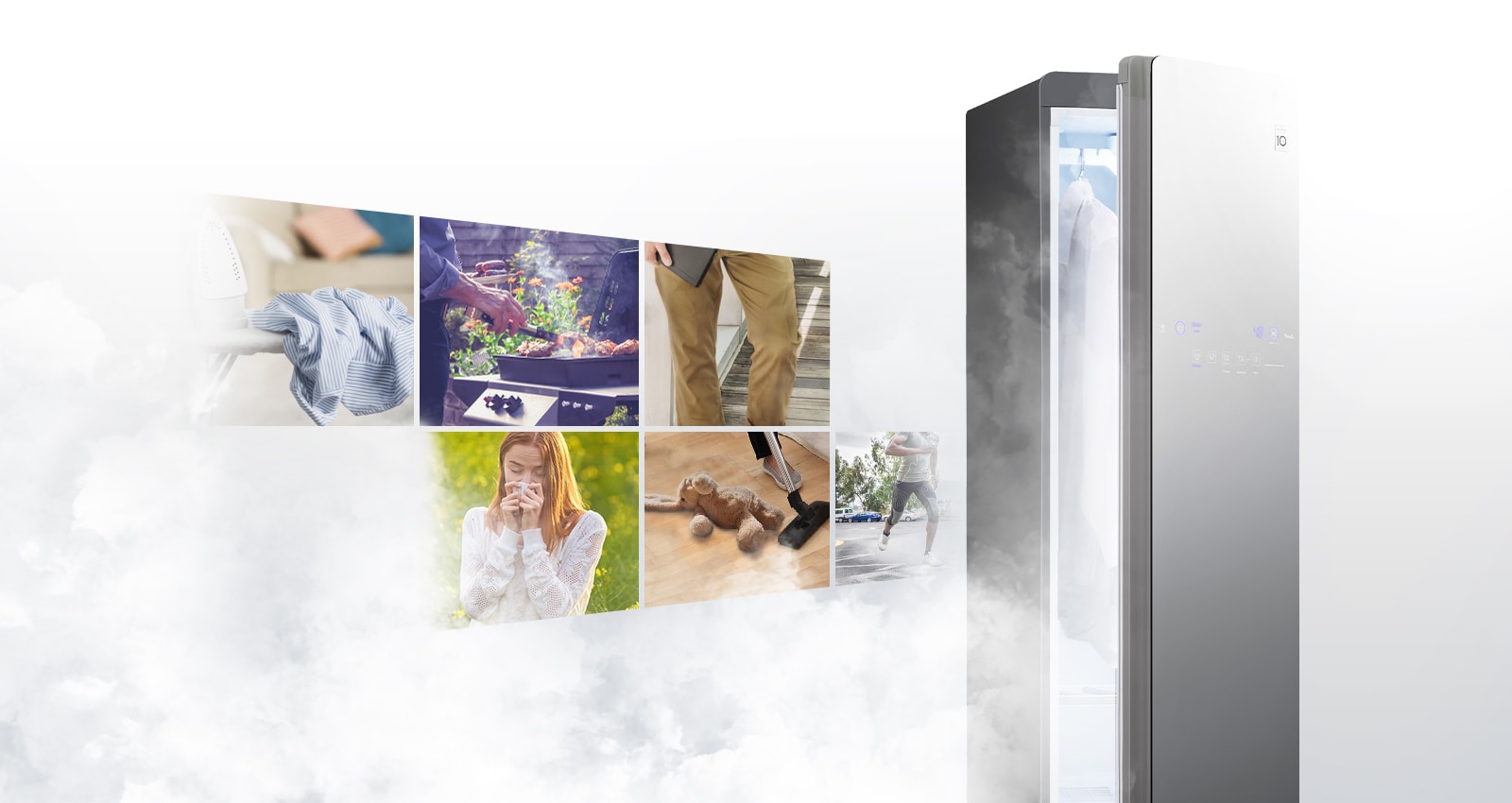 Різні алергічні реакції та збудники відображаються як панорама із кількох зображень , а поряд стоїть продукт LG Styler® із напіввідкритими дверима, що свідчить про те, що завдяки обробці парою LG Styler® може їх знищити.